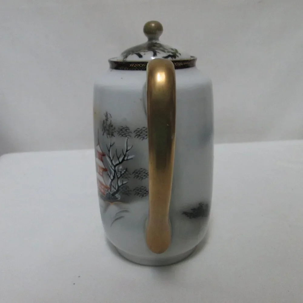 Vintage Porcelain Teapot with Spout Hand-painted Japanese Village 7